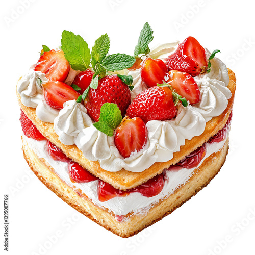 Heart-shaped strawberry shortcake with whipped cream and fresh mint leaves isolated on transparent background