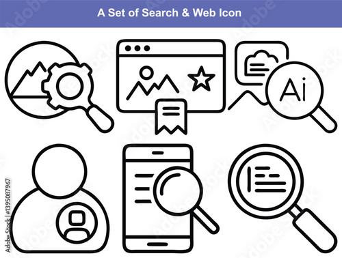 web icons in line style. Magnifying glass linear icon collection. Containing SEO, Digital marketing, data analysis, management, investigate, find and more. Editable stroke