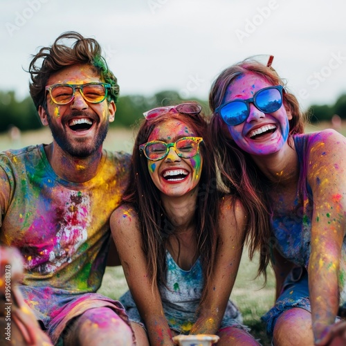 Friends having colorful fun at Holi.