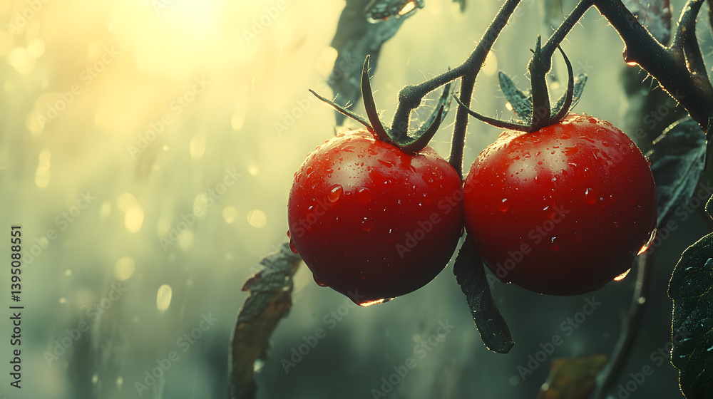 Photography of a pair of bright cherry tomatoes clinging to the vine, their glossy red skins glowing in the soft garden light.