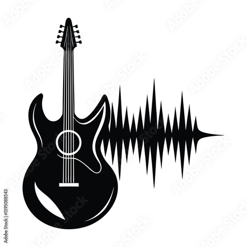 Guitar merging with soundwaves on white background