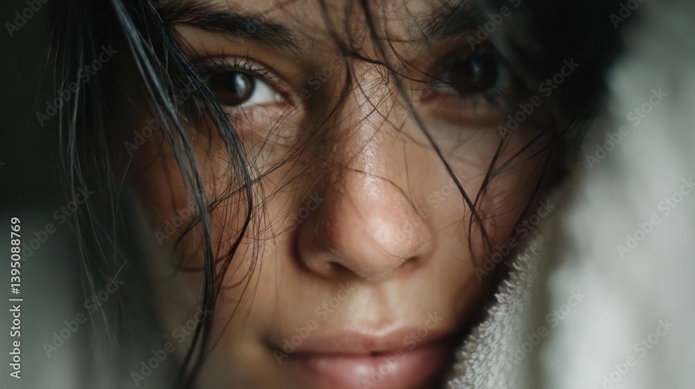 Fototapeta premium Intimate close-up portrait of freckled woman with damp strands over face and relaxed expression under natural soft light — ideal for skincare ads, natural beauty campaigns, and lifestyle visuals