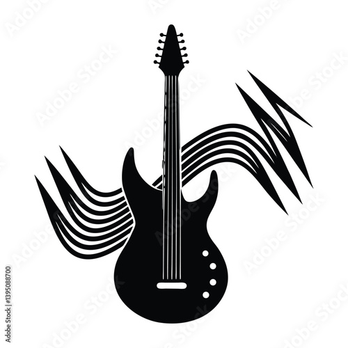 Guitar merging with soundwaves on white background