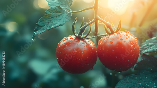 Obraz na płótnie Photography of a pair of bright cherry tomatoes clinging to the vine, their glossy red skins glowing in the soft garden light. w salonie