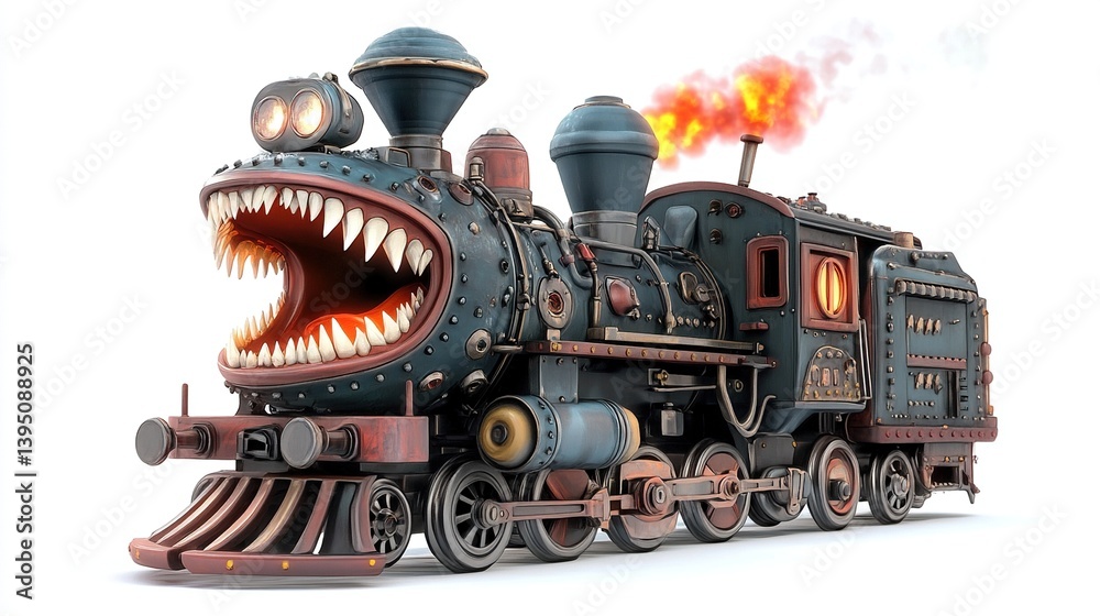Naklejka premium Monster steampunk train locomotive with sharp teeth, smoke, and gears.