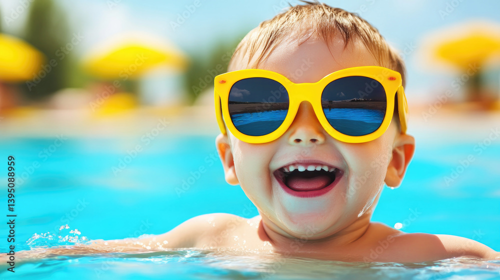 Naklejka premium Joyful child in swimming pool enjoying summer vacation fun