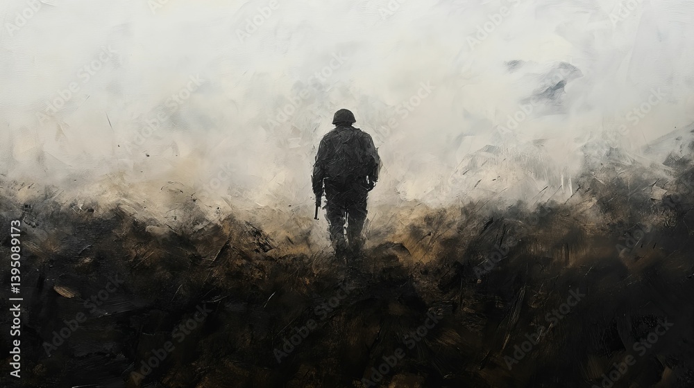 Obraz premium Soldier stands alone in a smoky desolate landscape holding a