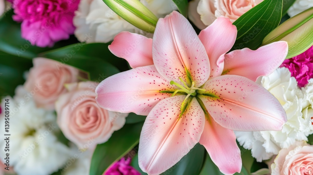 Fototapeta premium Close up of pink lily surrounded by roses and carnations for elegant floral arrangement design