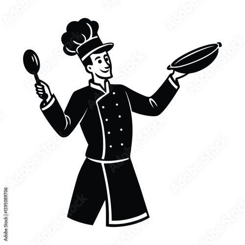 Chef tossing food in pan on white background