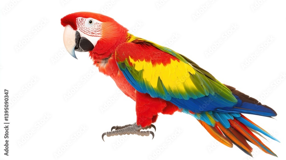 Fototapeta premium Vibrant macaw parrot displaying multicolored feathers on pure white background for nature and wildlife enthusiasts