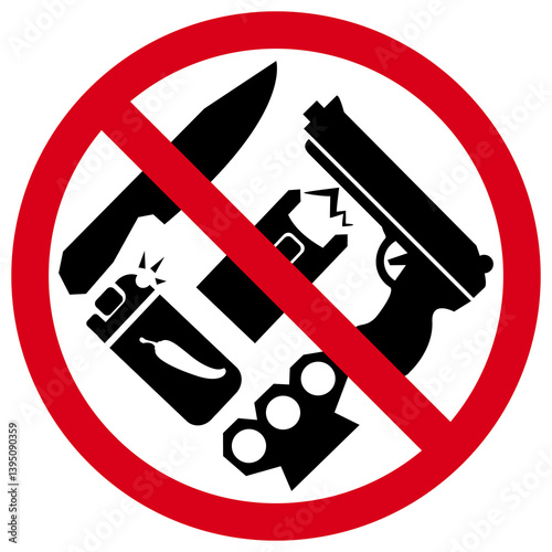 no weapons allowed sign on white background, vector illustration. Gun and knife, pepper spray and electric shock are prohibited. Round crossed-out sign.
