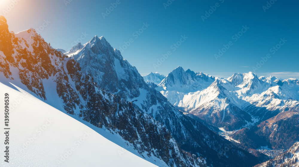 Obraz premium Breathtaking mountain landscape featuring snow covered peaks under clear blue sky, showcasing beauty of nature and tranquility of winter. sunlight adds warmth to scene