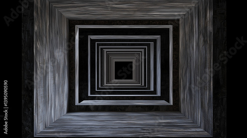 Surreal abstract view of a wooden tunnel with receding square frames creating a dark, hypnotic optical illusion effect. photo