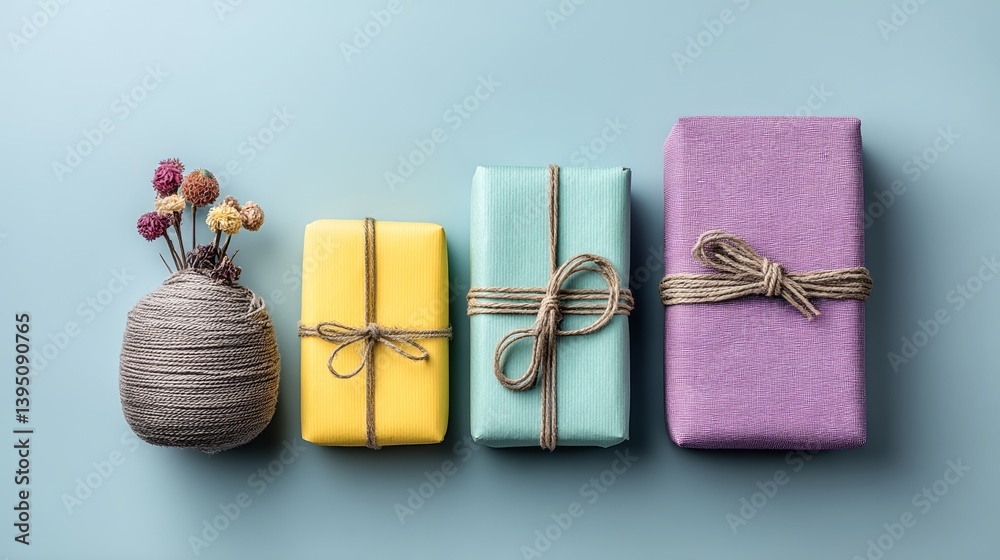 Colorful gift boxes with twine and dried flowers for rustic gift wrapping inspiration and DIY project