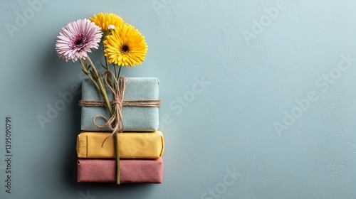 Obraz na płótnie Stacked colorful gifts with fresh gerbera flowers for cheerful occasions and festive packaging ideas w salonie