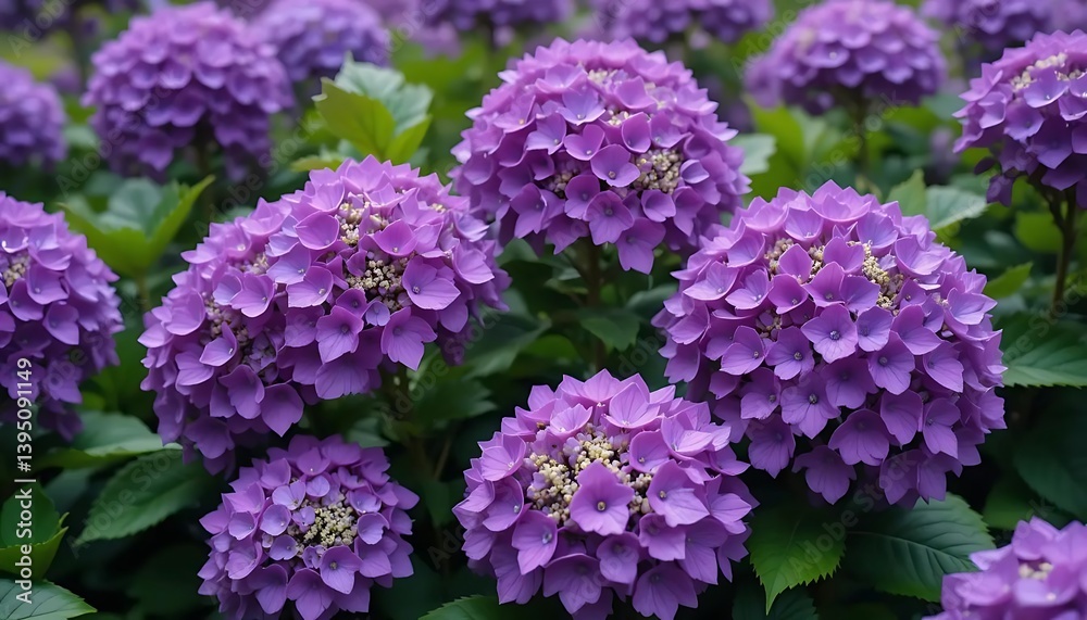 Blooming Purple Hydrangea Flowers in Garden, Floral Display of Hydrangeas Blooming Purple Hydrangea Flowers in Garden, Floral Display of Hydrangeas