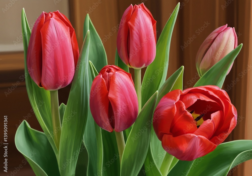 Vibrant red tulips bloom softly lit. AI Generated Vibrant red tulips bloom softly lit. AI Generated