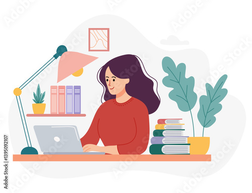 Young woman working on laptop at desk surrounded by books, plants and  lamp. Cozy home office or study environment. Perfect for education, remote work or freelancing themes. Vector flat illustration.