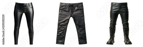 Sleek black leather pants with gothic , featuring lace up details and shiny finish, perfect for edgy fashion
