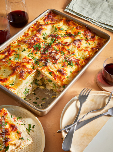 white lasagna with slice out on table with wine