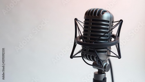 Close-up of a single microphone on white background, isolated background, sound