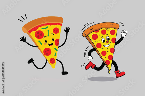 Two Energetic Cartoon Pizza Slices Running with Joyful Expressions