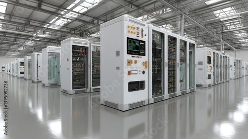 Rows of industrial control panels in a large warehouse setting. Clean, modern design with bright lighting.