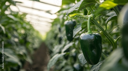 Green Poblano Peppers Growing in Greenhouse Farm