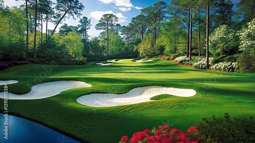 Serene Golf Course Landscape with Lush Greenery and Sand Traps