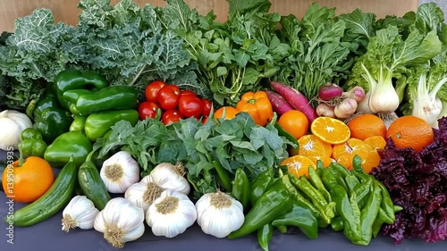 Fresh and vibrant harvest display featuring organic fruits and vegetables