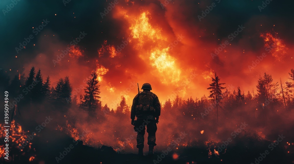 Fototapeta premium Person stands before a forest fire with flames and smoke