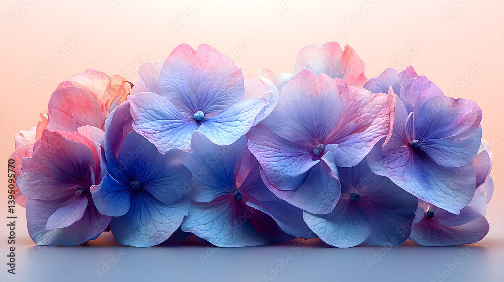 A highly detailed photography of a hydrangea bloom, its individual petals forming a dense cluster of pastel blue and purple tones.