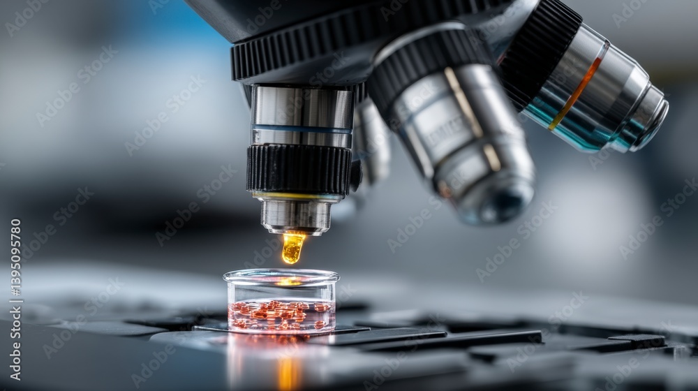 Close up of a microscope lens over a small transparent container with orange particles, scientific research concept Close up of a microscope lens over a small transparent container with orange particles, scientific research concept