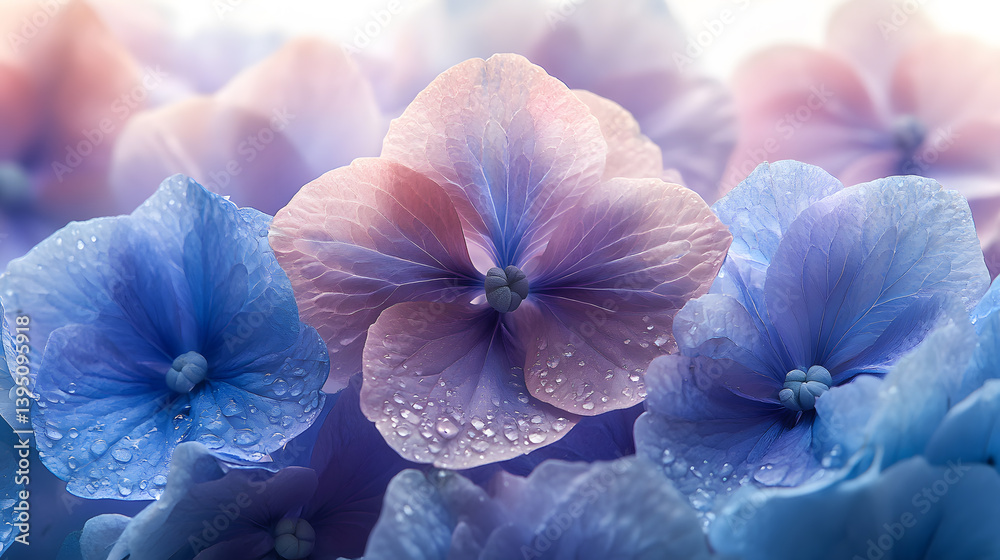 A highly detailed photography of a hydrangea bloom, its individual petals forming a dense cluster of pastel blue and purple tones.