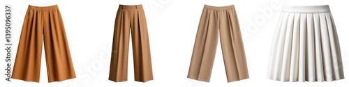 Stylish high waisted wide leg pants and pleated skirt in various colors, perfect for modern fashion enthusiasts