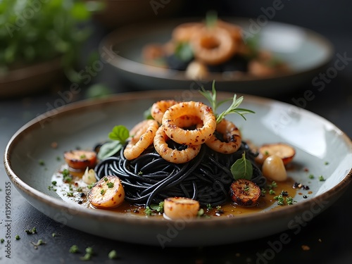 Homemade Squid Ink Pasta with Seared Squid: Homemade squid ink pasta topped with perfectly seared squid rings, elegantly plated with a blurred dark background.