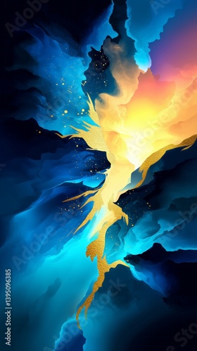 A beautiful abstract illustration of the sky with blue and yellow glowing colors, dark background, fantasy style.