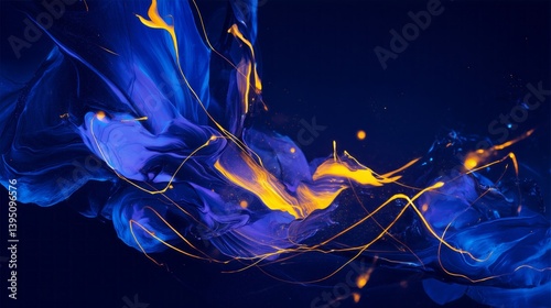  Abstract blue and yellow fluid shapes on a dark background, glowing lines, swirling smoke, liquid textures, dynamic motion effects.