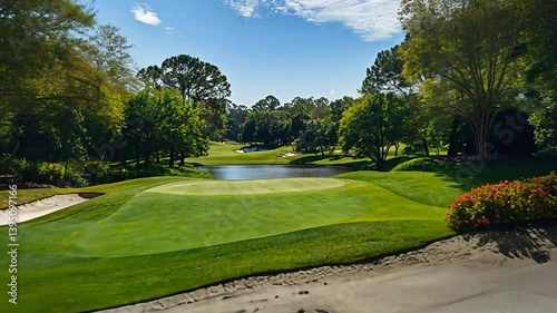 Scenic Golf Course with Lush Green Fairway and Serene Water Hazard