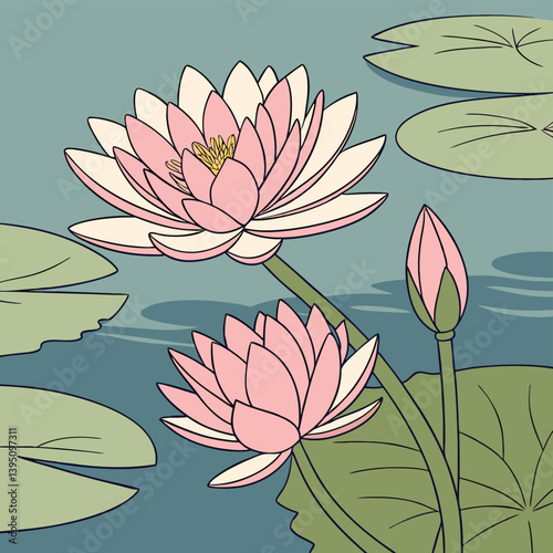 A cartoon of two pink lotus flowers, one in bloom and one budding, with green lily pads in a pond on a teal background.