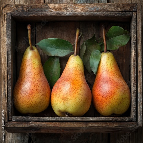 Ripe pears in a box. Wood background.