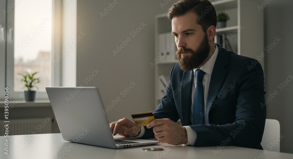 Focused businessman makes online payment using laptop. AI Generated Focused businessman makes online payment using laptop. AI Generated
