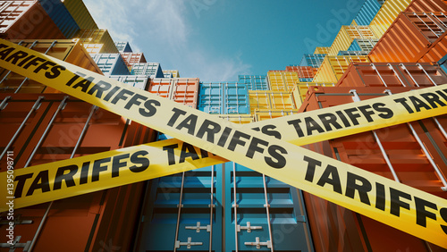 Shipping Containers Blocked by Tariffs Symbolized with Warning Tape