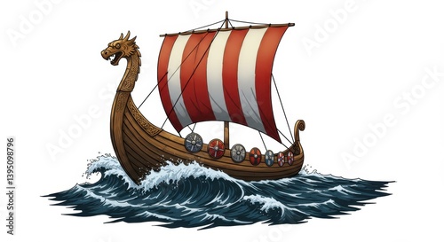 Viking Longship Emblem with Dragon-Headed Prow in a Stormy Sea