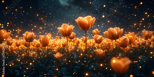 Enchanted Orange Tulip Field Under Starry Night Sky with Lights