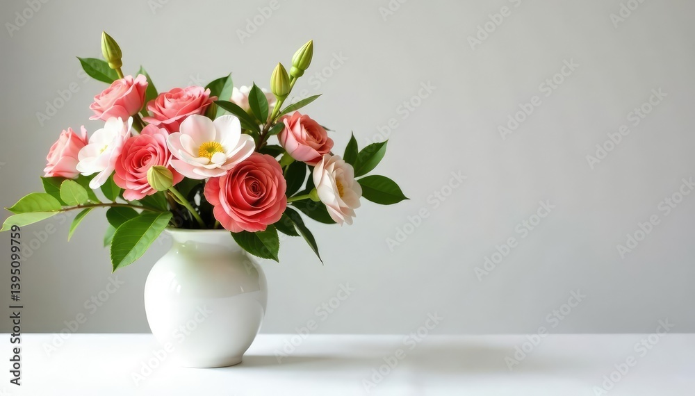 Naklejka premium Isolated branches in a vase on white tablecloth with fresh flowers, arrangement, flowers, table