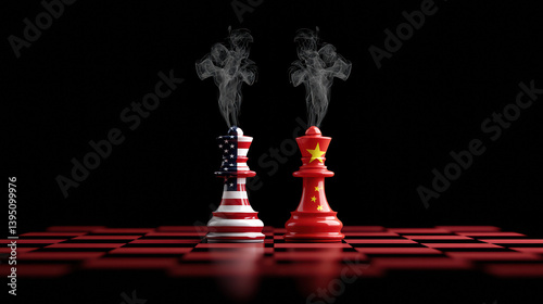 Two chess pieces adorned with American and Chinese flags, emitting smoke, symbolize a strategic battle between nations on a dark, checkered board.