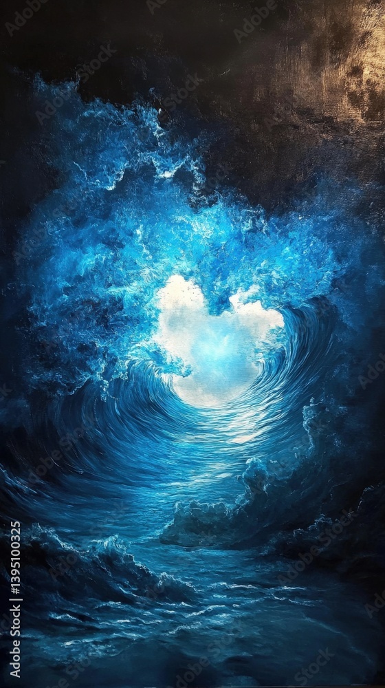 Obraz premium Epic wave formation glowing in deep ocean with mystical light and surreal sea tunnel view