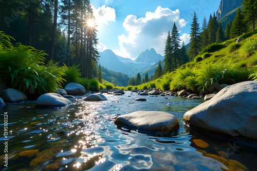 Idyllic alpine stream landscape with crystal clear water flowing gently over rocks, surrounded by lush forests and majestic snow capped mountains