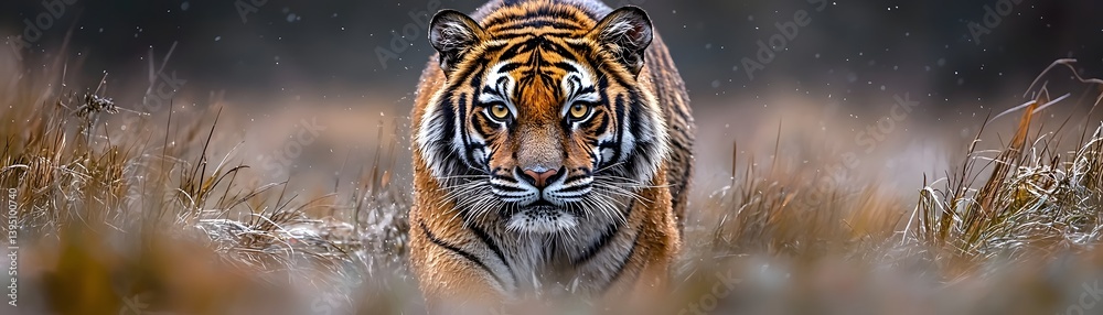 Powerful tiger prowling through tall grass its intense amber eyes fixed on the viewer Powerful tiger prowling through tall grass its intense amber eyes fixed on the viewer